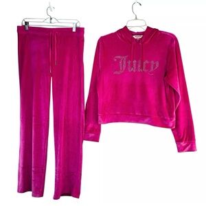 Juicy Couture Velour Tracksuit Pant Set L Hoodie OG Bling Pink Loungewear Y2K